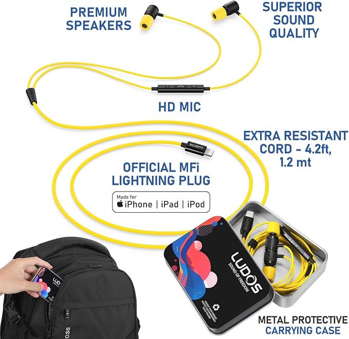 LUDOS Ultra iPhone Wired Headphones Earbuds Earphones with Lightning Connector Apple MFi Certified, 5 Years Warranty, for iPhone 14 13 12 11 Pro Max X XS XR 8 7 Plus with Microphone Control - Yellow - Image 2