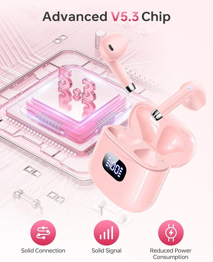 KTGEE Wireless Earbuds Bluetooth 5.3 Headphones, 40Hrs Playback Stereo Ear Buds with LED Display Charging Case IPX7 Waterproof in-Ear Earphones with Mic for Phone Tablet Laptop Sports, Pink | Stereo Sound, LED Display, IPX7 Waterproof, Compact In-ear E... - Image 2