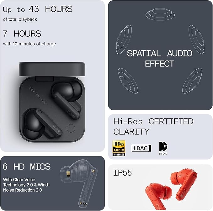 CMF Buds Pro 2 Wireless Earbuds with Smart Dial, 50dB Hybrid Noise Cancelling Earbuds Wireless Bluetooth 5.3, 11mm Bass with LDAC, 6 Hi-Res Audio Mics, 43H Playtime, Fast Charging Case, Dark Grey - Image 6