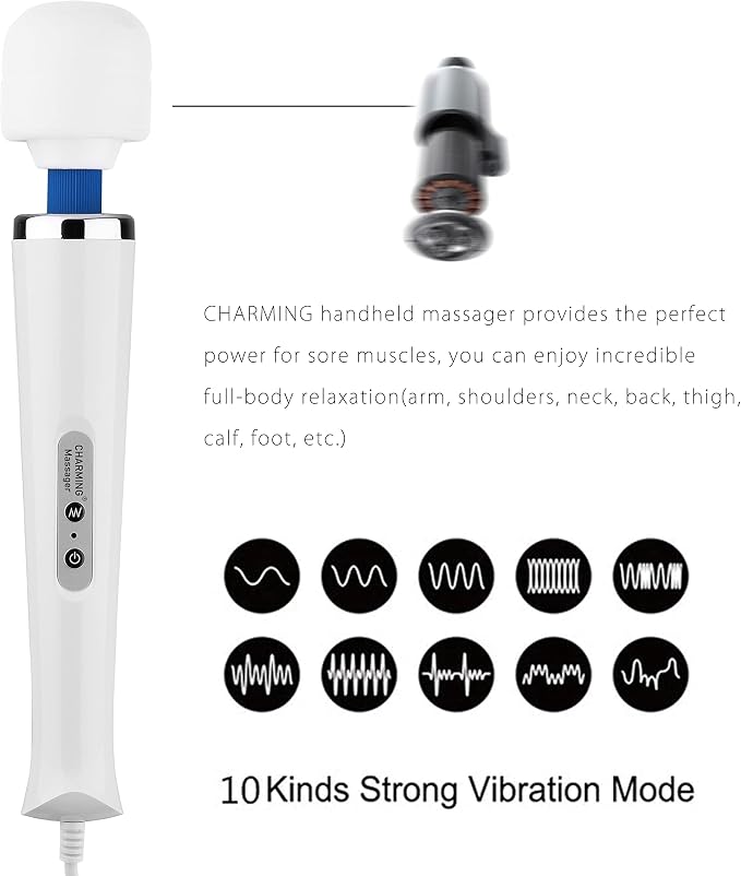 CHARMING 10 Speeds Wired Powerful Handheld Back Massager with Strong Vibration, Personal Therapy Massager for Sports Recovery, Muscle Aches, Full Body Pain (White) - Image 4