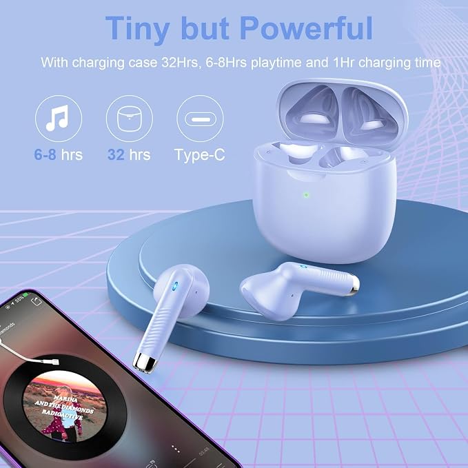 Wireless Earbuds, Bluetooth 5.4 Earbuds Stereo Bass, Bluetooth Headphones | in Ear Noise Cancelling Mic, Earphones IP7 Waterproof Sports, 32H Playtime USBC Charging Case Purple Ear Buds for Android iOS - Image 7