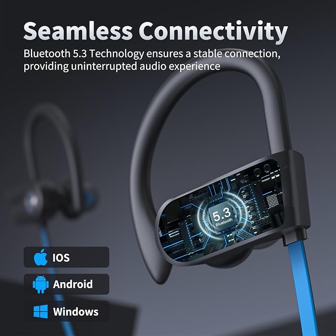 JOYWISE Wireless Headphones Bluetooth 5.3 Headphones with 16 Hours Playtime, Over-Ear Stereo Bass Earphones with Earhooks Headset, Sports Earbuds with Storage Bag for Running, Blue - Image 6