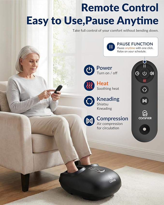 COMFIER 2026 Shiatsu Foot Massager with Heat, Birthday Gifts for Women, Feet Massager for Neuropathy, Plantar Fasciitis Relief, Remote Control, Biger Size 13, 5 Compression Levels, 3 Kneading Speeds - Image 6