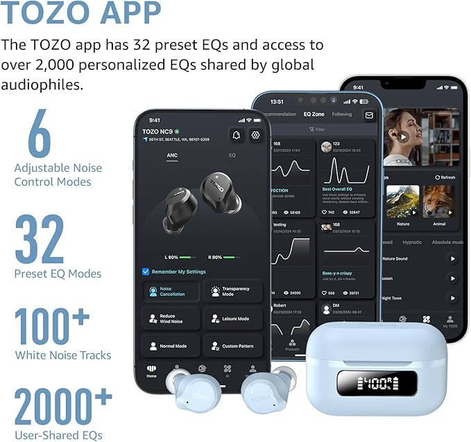 TOZO NC9 Hybrid Active Noise Cancelling Wireless Earbuds, 60H, LED Display | 6 Mic ENC Clear Calls, Deep Bass Sound, IPX8, in Ear Bluetooth 5.3 Headphones,32 EQs via APP,Comfort Fit Ear Buds,Light Blue - Image 6