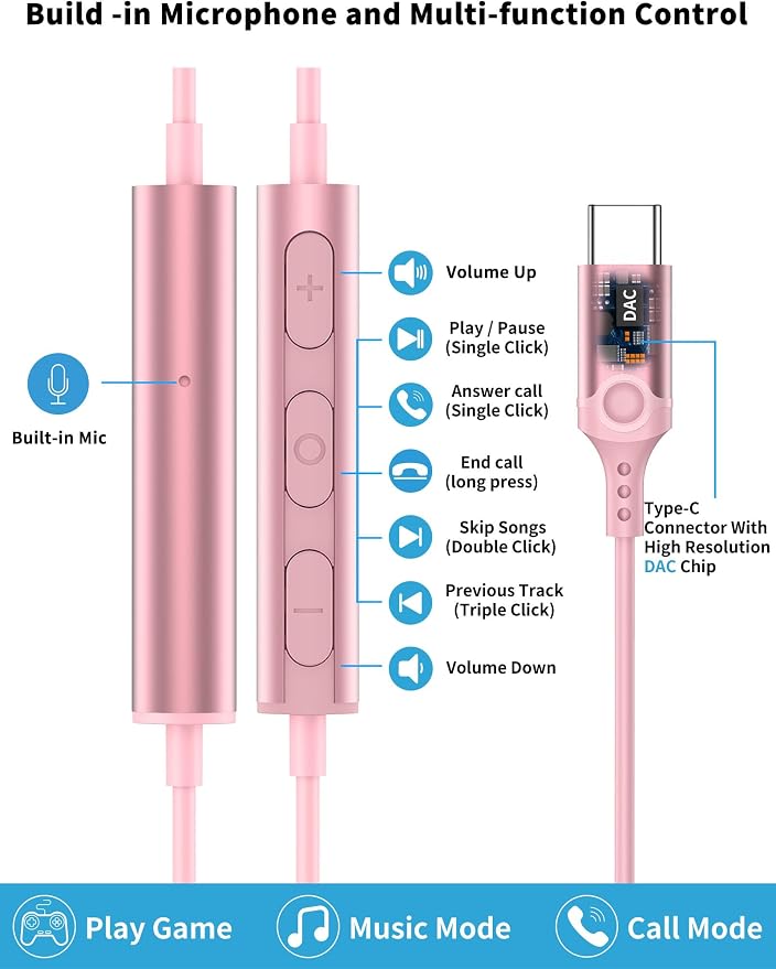 USB C Headphone for Samsung S26 S25 FE S24 A16 A17 Z Wired Earbuds Magnetic | in-Ear Type C Earphone with Microphone Volume Control Bass Stereo Noise Canceling for iPhone 17 Pro Max 16 16e 15 Pixel 10a 9 - Image 3