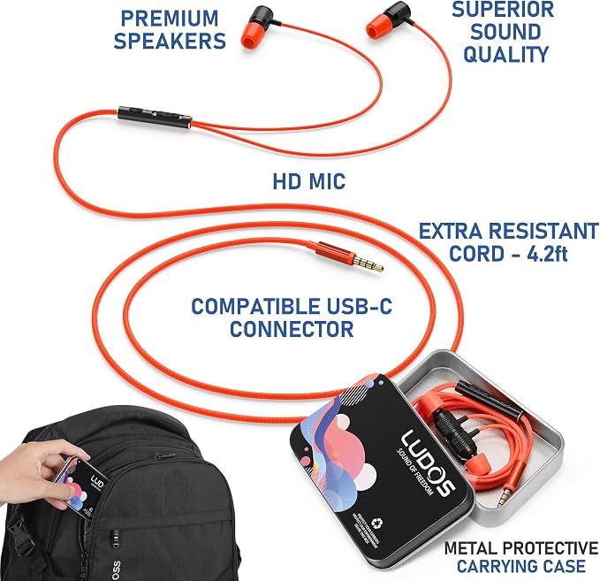 LUDOS Ultra Wired Earbuds in-Ear Headphones, 5 Years Warranty, Earphones with Microphone, Noise Isolating Ear Buds, Memory Foam for iPhone, Samsung, School Students, Kids, Women, Small Ears - Coral - Image 2