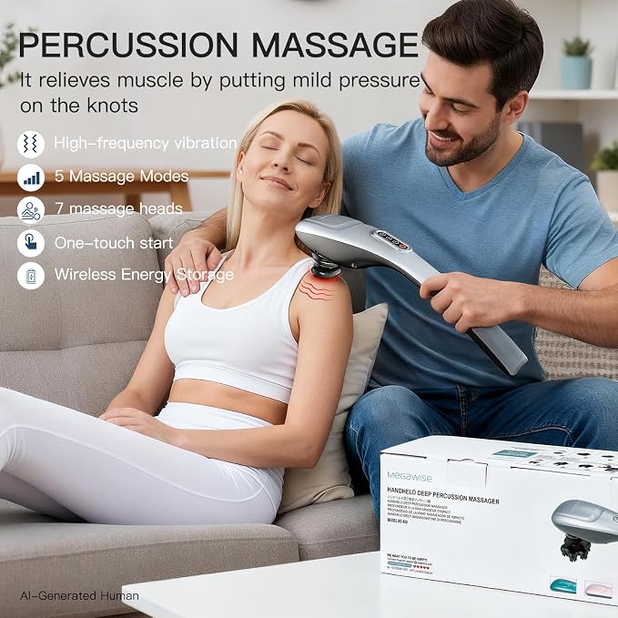 MEGAWISE Handheld Back Massager | Deep Tissue Percussion Massage for Back, Neck, Shoulders, Waist and Legs (Cordless Silver) - Image 2
