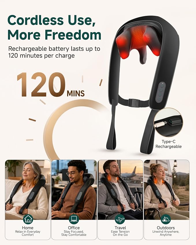 Cordless 4D Shiatsu Neck & Shoulder Massager with Heat, Home Office Travel - Image 7