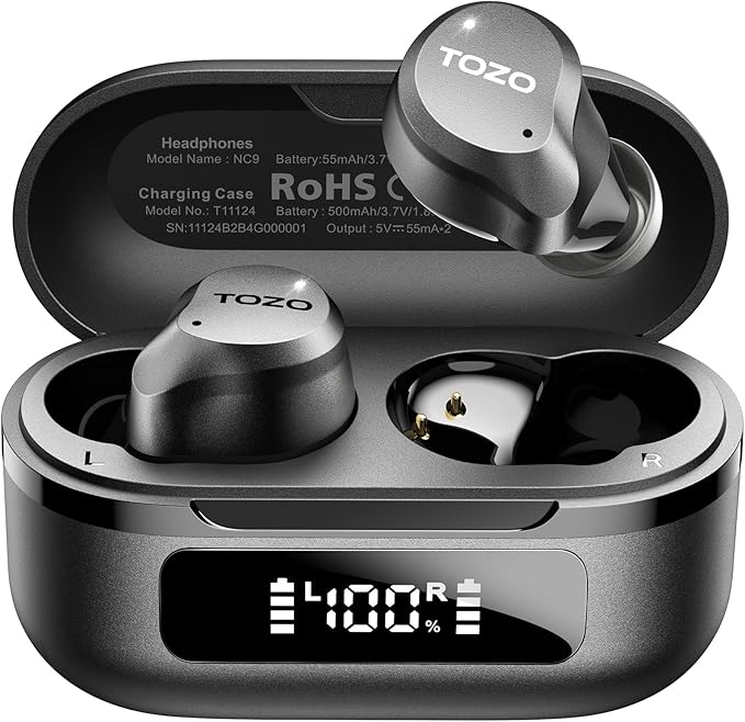 TOZO NC9 Hybrid Active Noise Cancelling Wireless Earbuds, 60H, LED Display | 6 Mic ENC Clear Calls, Deep Bass Sound, IPX8, in Ear Bluetooth 5.3 Headphones,32 EQs via APP, Comfort Fit Ear Buds, Black by TOZO