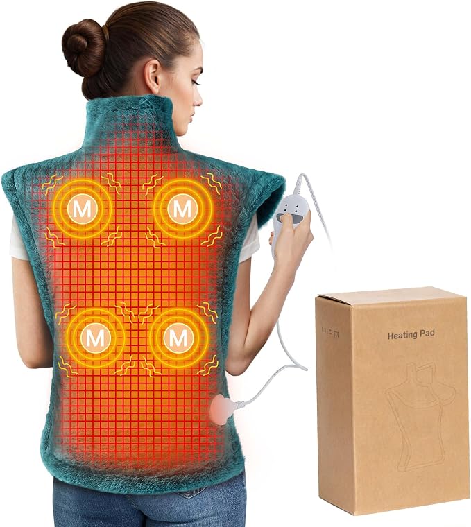 Electric Heating Pad for Neck and Shoulders and Back, 24" x 35" Large Heated Blanketwith 2 Heat Levels, 4 Massage Settings, 4 Massage Motors, Auto Shut-Off, Green by STARBEDIA