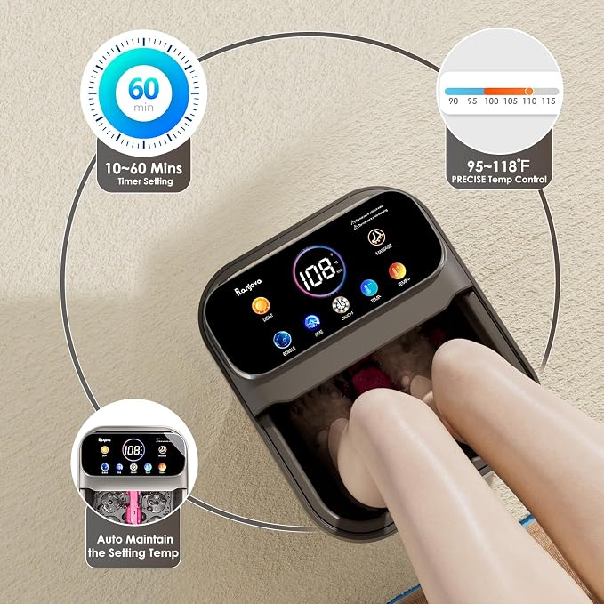 Ranjova Foot Spa Electric Rotary Massage, with Touchscreen Pro Color Display, Collapsible Foot Bath with Heat, Bubble,Remote Control, Temp Control, and 24 Motorized Shiatsu Massage Balls (Dark Grey) - Image 4