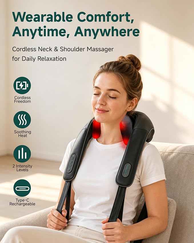 Cordless 4D Shiatsu Neck & Shoulder Massager with Heat, Home Office Travel - Image 5