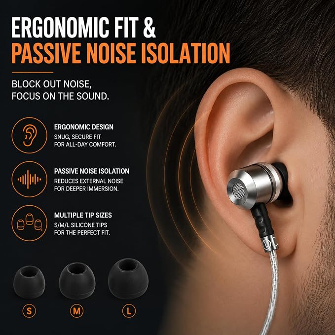 Sephia SP3060 Earbuds Wired in-Ear Headphones | HD Bass Driven Audio, Lightweight Aluminum, S/M/L Ear Bud Tips, Earphone Case, 3.5mm, Tangle-Free Cord, No Mic - Image 4