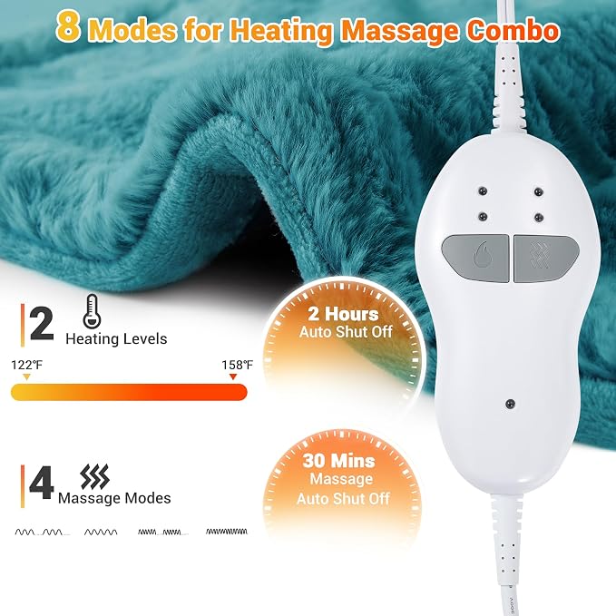 Electric Heating Pad for Neck and Shoulders and Back, 24" x 35" Large Heated Blanketwith 2 Heat Levels, 4 Massage Settings, 4 Massage Motors, Auto Shut-Off, Green - Image 3