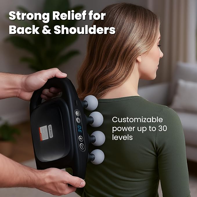 OMEO 16-Head Deep Tissue Massage Gun – Professional Percussion Massager with 30 Intensities & Quiet Motor | Portable Muscle Massager for Pain Relief, Neck, Back, Shoulders & Legs (Black) - Image 7