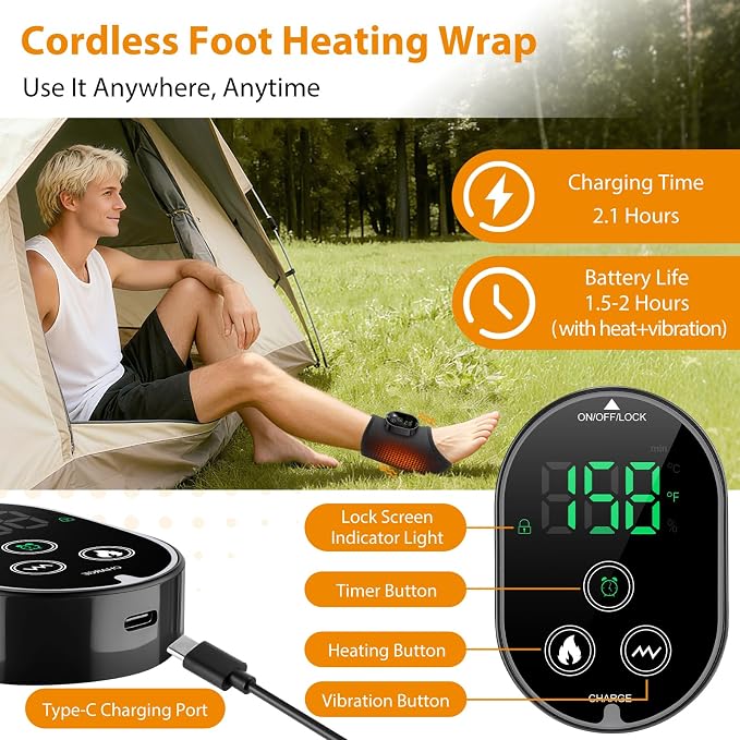 Cordless Neuropathy Foot Massager with Heat, Ankle Massager for Plantar Fasciitis & Swollen Feet Relief, Heating Pad with 6 Temp & 3 Vibration Modes for Pain Relief, Portable Rechargeable - Image 5