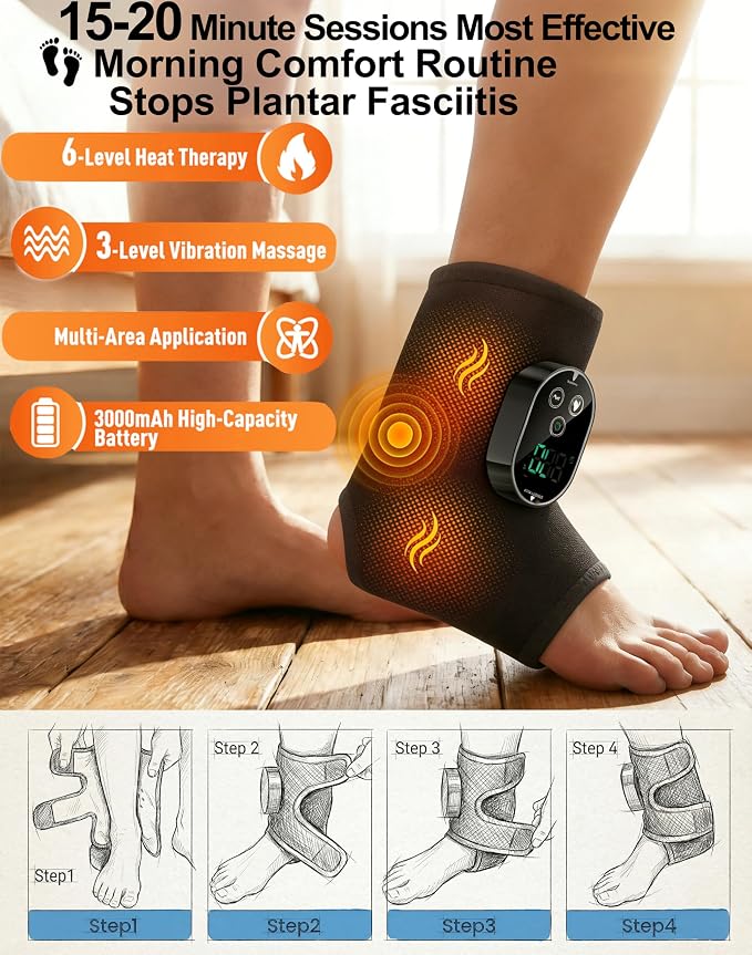 Foot Massager for Neuropathy Plantar Fasciitis Pain Relief, Cordless Heated Vibrating Cloud-Soft Ankle Wrap Feet Massage, Portable 2H Run Time, 6 Heats, 3 Modes, Auto-Off Timer, 1pcs - Image 3