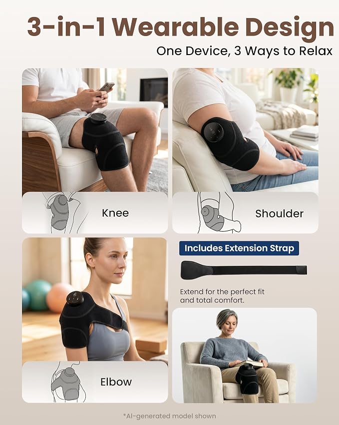 3-in-1 Cordless Knee Massager with Graphene Heat & Vibration, Rechargeable Heating Pad for Knee, Shoulder & Elbow, 4 Massage Modes & 3 Heat Levels, Helps Relieve Muscle Soreness & Joint Stiffness - Image 3