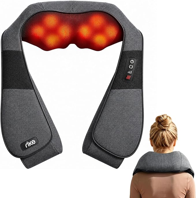 RIKE Shiatsu Neck Massager with Heat, Corded Linen Fabric Deep Tissue Back Massager for Neck and Shoulders, Electric Kneading Massager for Muscle Relief, Gift for Mom Dad Home Office Car by Unknown