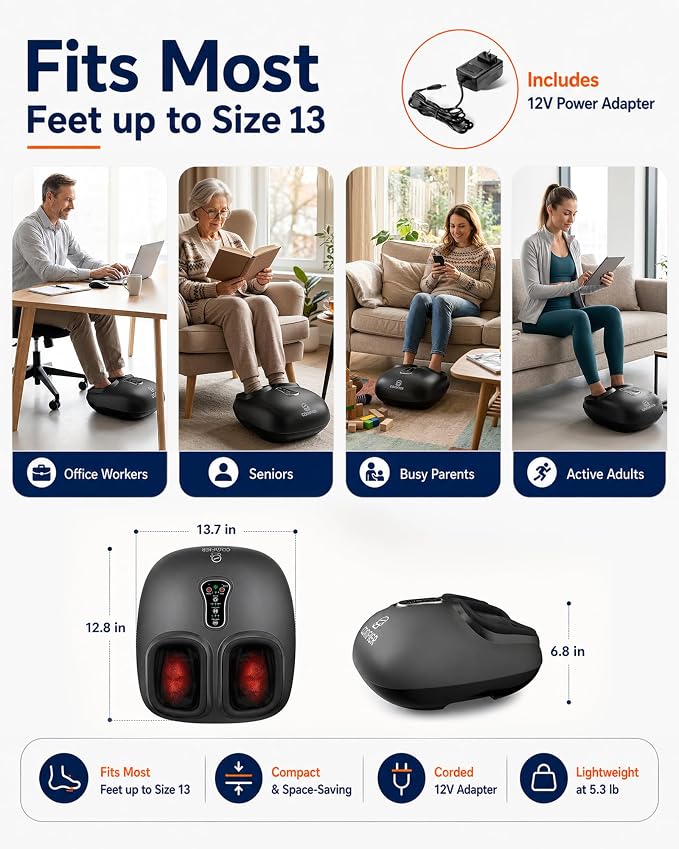 COMFIER 2026 Shiatsu Foot Massager with Heat, Birthday Gifts for Women, Feet Massager for Neuropathy, Plantar Fasciitis Relief, Remote Control, Biger Size 13, 5 Compression Levels, 3 Kneading Speeds - Image 3