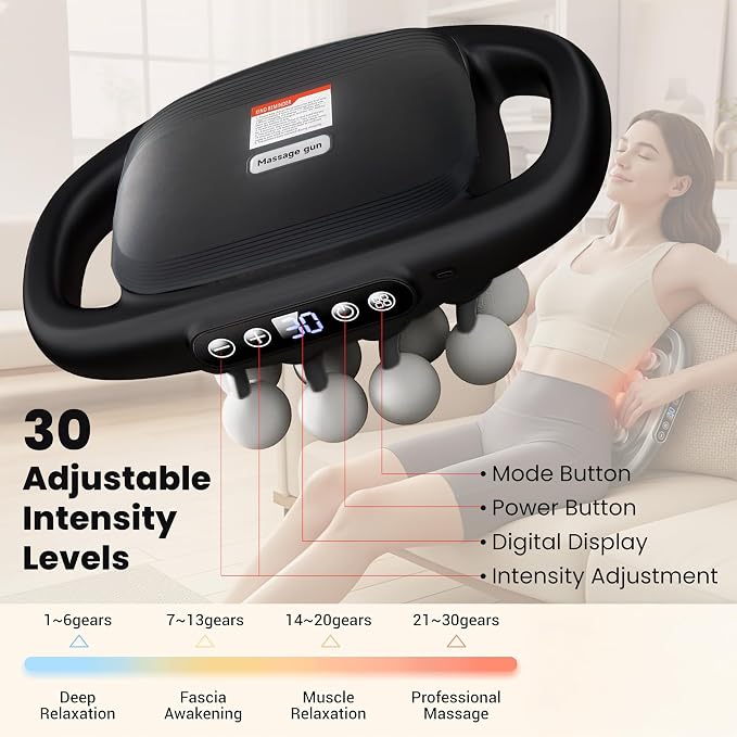 OMEO 16-Head Deep Tissue Massage Gun – Professional Percussion Massager with 30 Intensities & Quiet Motor | Portable Muscle Massager for Pain Relief, Neck, Back, Shoulders & Legs (Black) - Image 2