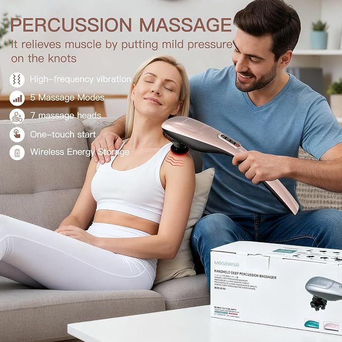 MEGAWISE Cordless Handheld Back Massager w/Rechargeable 3200mAh Battery, 5 Speed and 5 +2 Massage Nodes with Hard, Medium and 2 Soft Silicone Nodes; Massage While Moving Around (Rose Gold) - Image 2