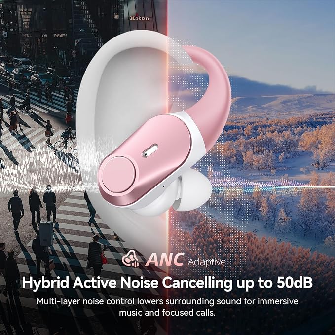 Active Noise Cancelling Ear Buds Wireless Earbuds 80H Playtime Bluetooth Headphones with LED Display Case, Hi-Res Audio Clear Calls Earphones with Over Ear Hooks for Running Gym Workout Rose Gold - Image 2