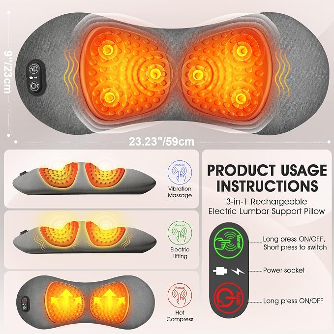 Rechargeable Lumbar Support Pillow, Triple Fusion Back Massager - Image 3