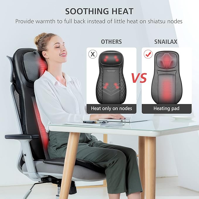 Snailax Shiatsu Neck & Back Massager with Heat Chair Pad Kneading Massage - Image 4
