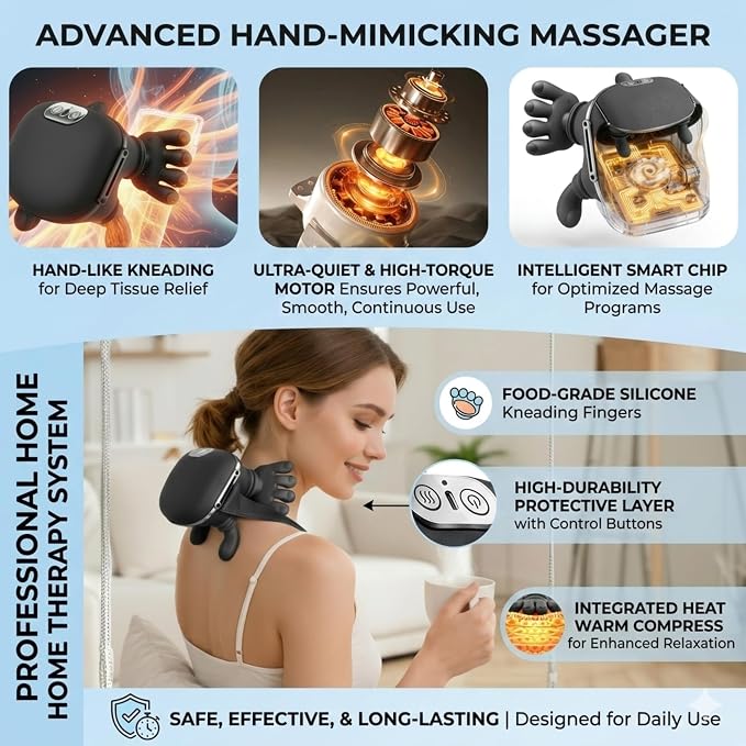 Neck Massager with Hands, Bionic Heated Shiatsu Neck & Back Massager 4D Wireless Portable Deep Tissue Electric Massage & Human Hand Simulation Heat Function for Neck Shoulder & Back Relaxation (Black) - Image 4