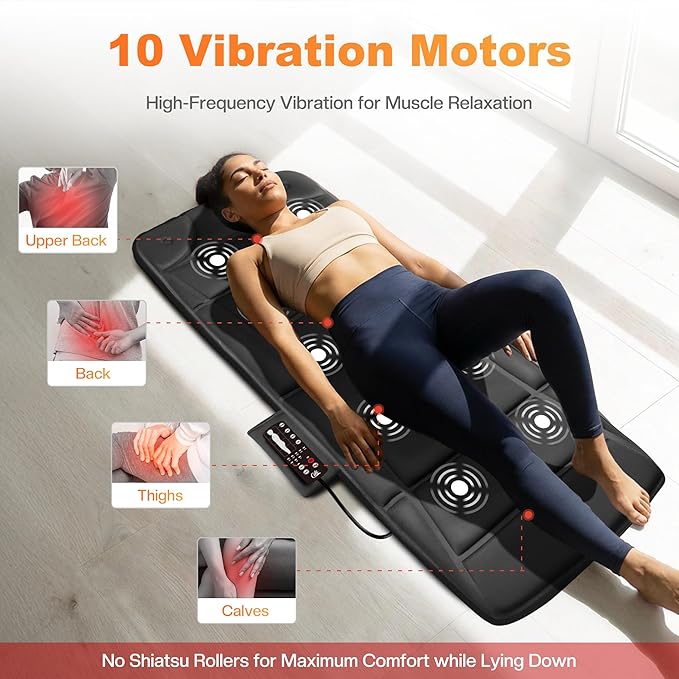 CILI Massage Mat Full Body,Massager Chair Pad,10 Vibration Motors & 5 Massage Modes,Back Massager for Bed,Massage Mattress Pad for Back,Heating Pad with Auto Shut Off, Gifts for Men,Women - Image 2