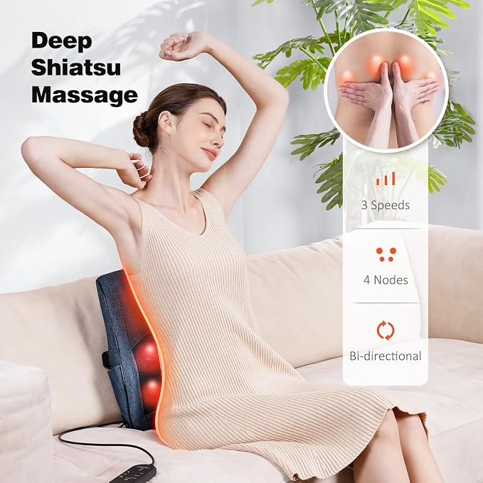 Boriwat Neck and Back Massager with Heat, 3D Kneading Shiatsu Massage Pillow for Neck, Back, Shoulders, Legs, Deep Tissue Relief for Sore Muscles, Home & Car, Great Gift for Women, Men, Mom, Dad - Image 4
