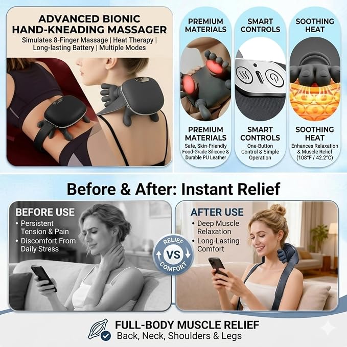 Neck Massager with Hands, Bionic Heated Shiatsu Neck & Back Massager 4D Wireless Portable Deep Tissue Electric Massage & Human Hand Simulation Heat Function for Neck Shoulder & Back Relaxation (Black) - Image 5