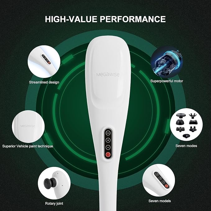 MEGAWISE Cordless Handheld Back Massager w/Rechargeable 3200mAh Battery, 5 Speed and 5 +2 Massage Nodes with Hard, Medium and 2 Soft Silicone Nodes; Massage While Moving Around (Pearl White) - Image 7