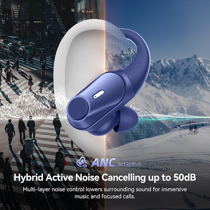 Active Noise Cancelling Ear Buds Wireless Earbuds 80H Playtime Bluetooth Headphones with LED Display Case, Hi-Res Audio Clear Calls Earphones with Over Ear Hooks for Running Gym Workout Travel Blue - Image 2