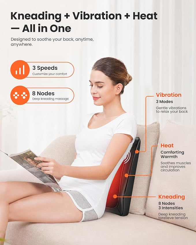COMFIER Back Massager with Heat and Vibration, Shiatsu Neck and Back Massager for Chair, 8-Node Deep Tissue Massage Pillow with Adjustable Flap, 3 Intensities for Lower Back, Office Chair, Sofa - Image 2