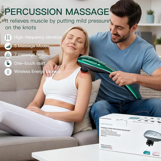 MEGAWISE Cordless Handheld Back Massager w/Rechargeable 3200mAh Battery, 5 Speed and 5 +2 Massage Nodes with Hard, Medium and 2 Soft Silicone Nodes; Massage While Moving Around (Dark Green) - Image 5