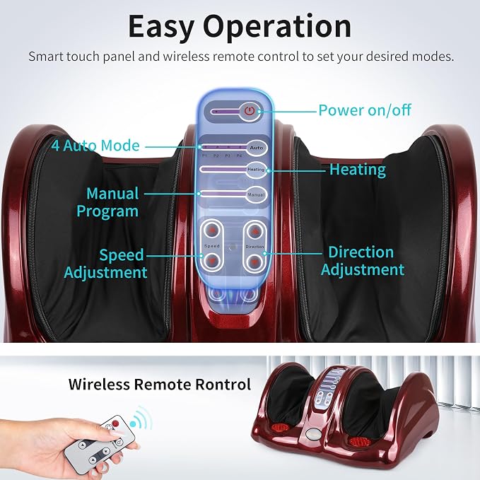 Foot Massager with Heat, Shiatsu Foot Massager for Circulation and Pain Relief and Heat Therapy, Ankle, Calves and Feet Massage with Deep Kneading Rolling, Gifts for Women Men Mother Father (RED) - Image 2