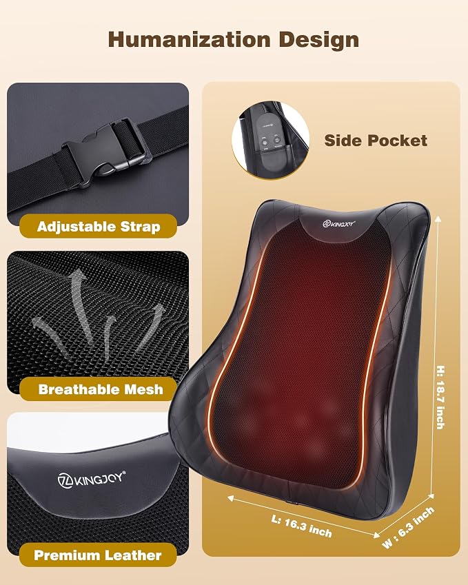 KINGJOY Back Massager for Pain Relief Deep Tissue, Full Back Massager with Heat, 3D Kneading Massage Pillow with 3 Intensities for Back, Neck, Shoulder, Spot Massage, Gifts for Women Man - Image 8