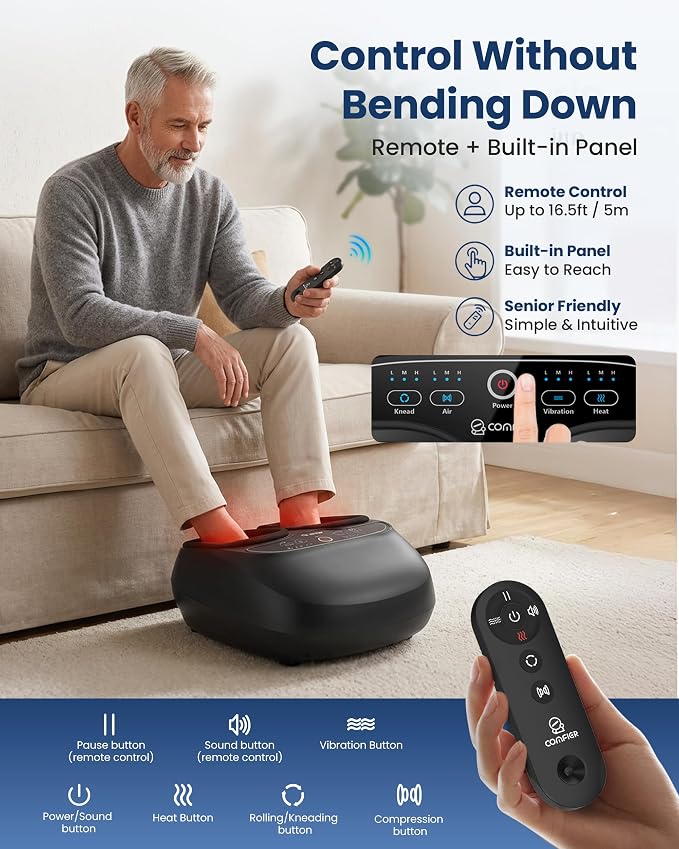 COMFIER Foot Massager with Heat, Kneading, Vibration, Compression, FSA Eligible HSA Store Shiatsu Massager for Plantar Fasciitis Neuropathy, Upgrade Pause Function, Up to Size 13, Gift for Men Women - Image 6